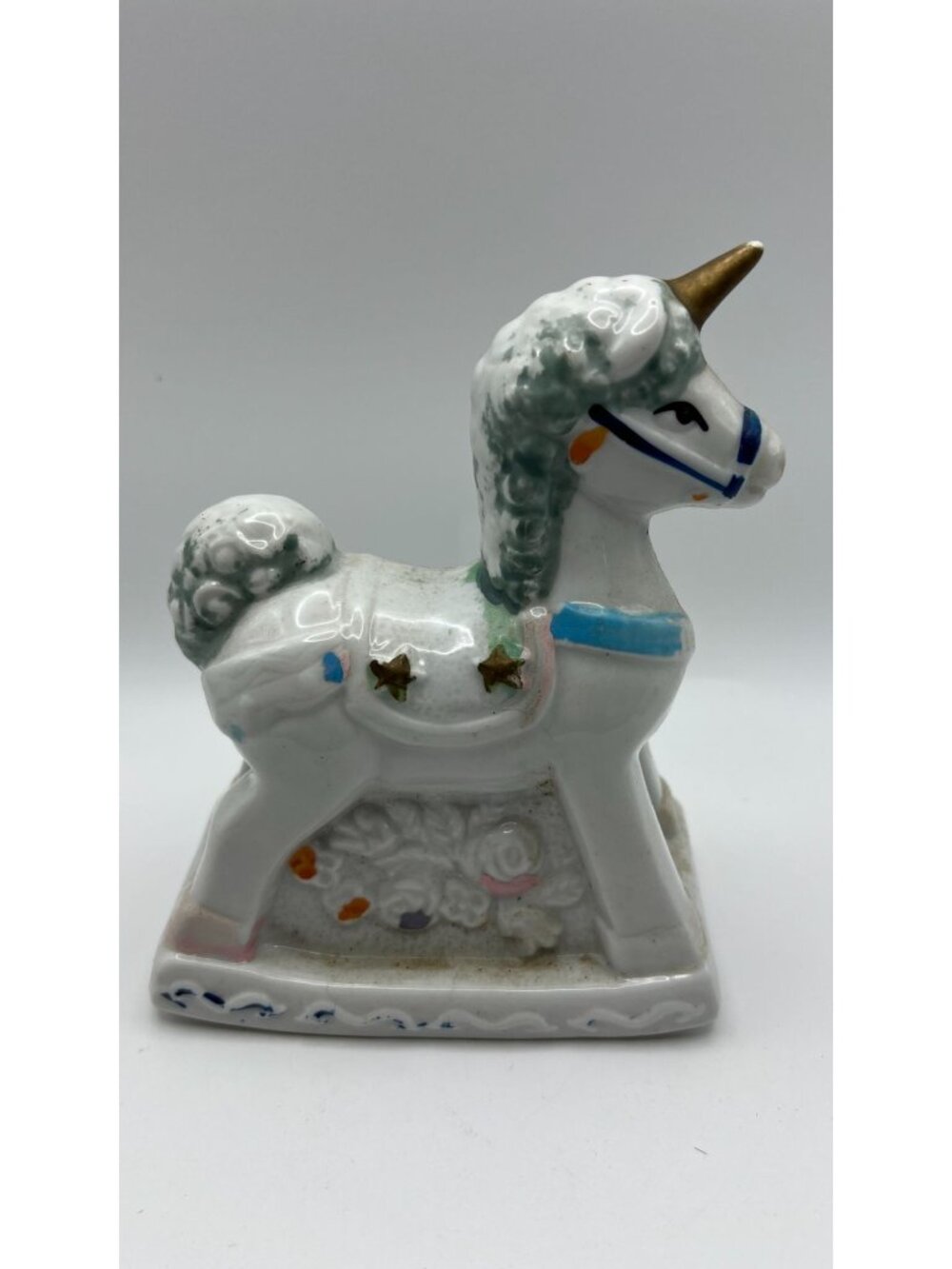 Vintage Hand-Painted Ceramic Unicorn Figurine With Floral Base & Gold Accents - Picture 2 of 2
